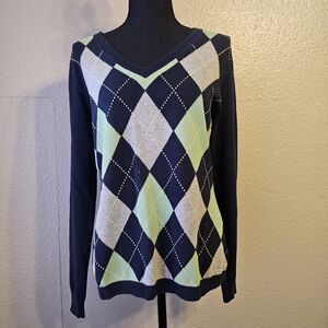 Izod Womens Argyle V-Neck Sweater Navy Green Preppy Long Sleeve Y2K Sz 8 EE741